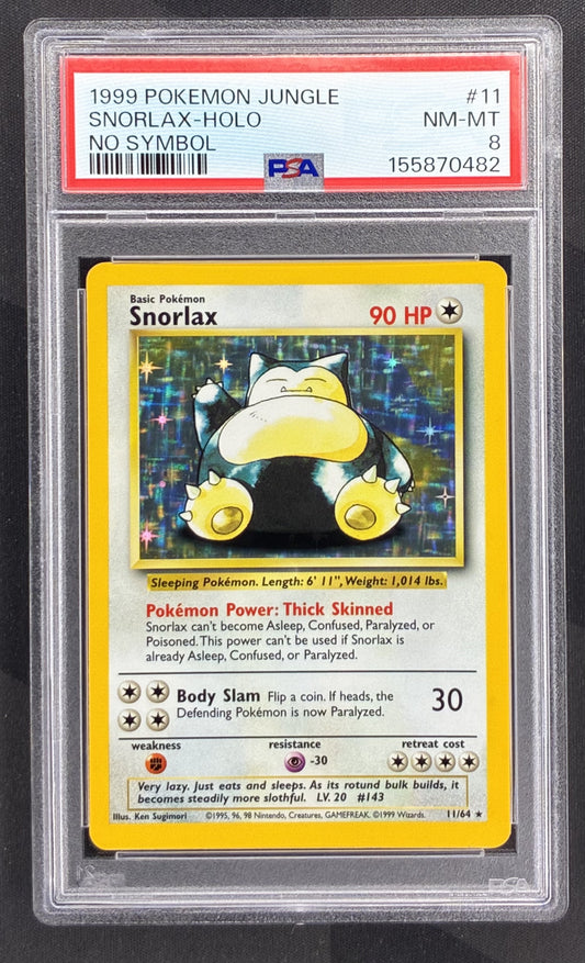 1999 Pokémon Snorlax 11/64 Jungle No Symbol Holo Rare PSA 8 NM-MT graded English Wizards of the Coast trading card.