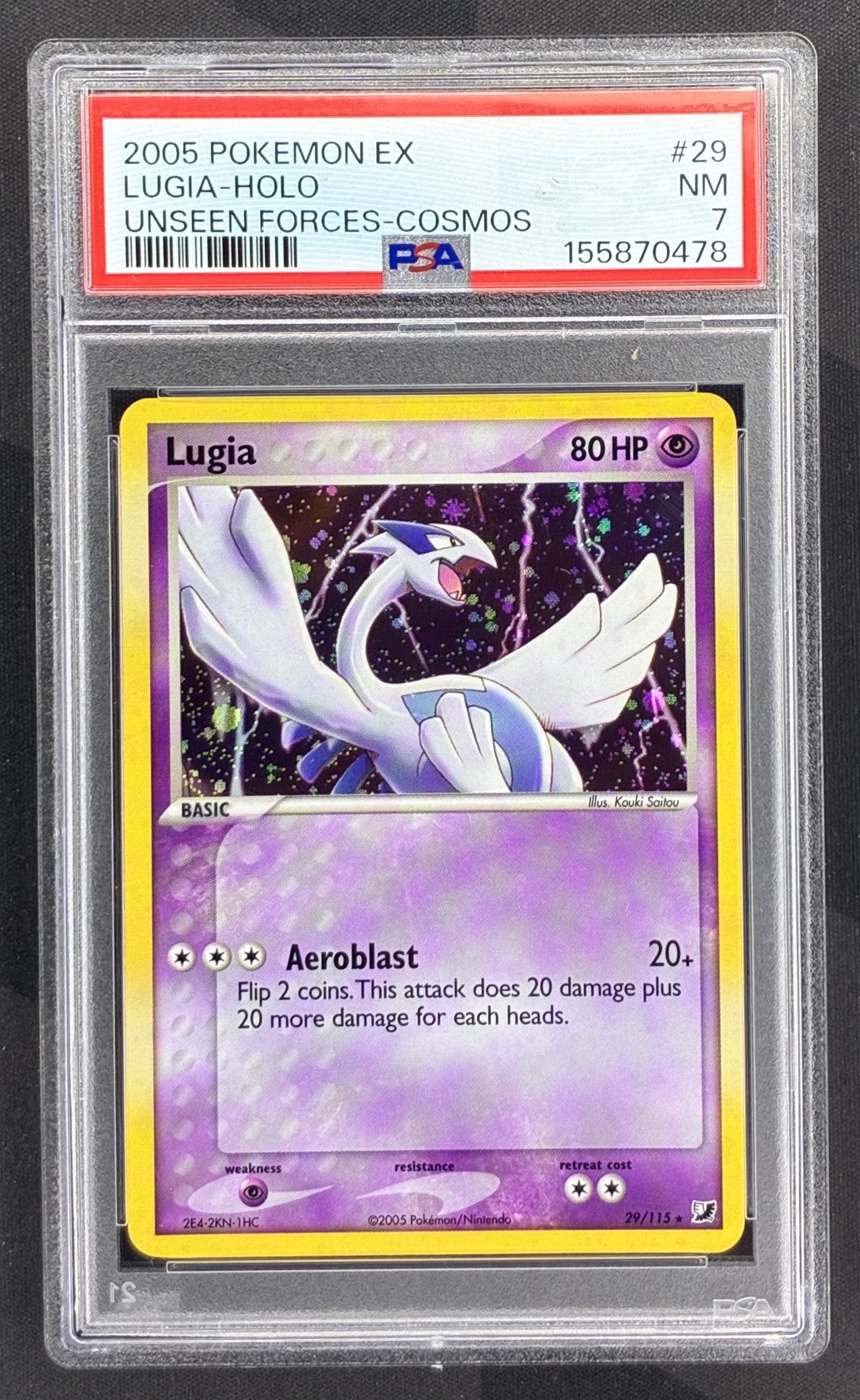 2005 Pokémon Lugia 29/115 EX Unseen Forces Cosmos Holo PSA 7 Near Mint graded English trading card.