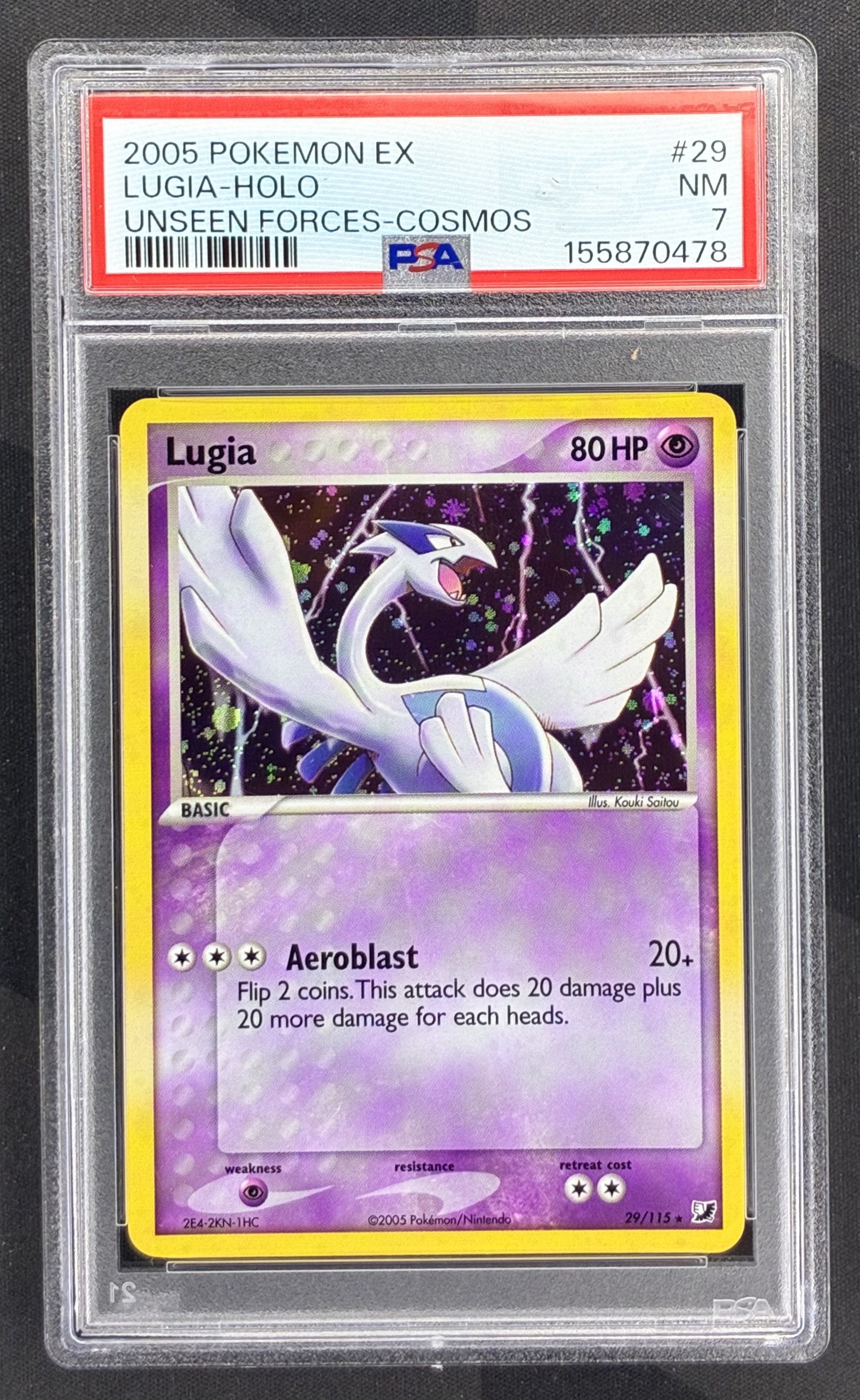 2005 Pokémon Lugia 29/115 EX Unseen Forces Cosmos Holo PSA 7 Near Mint graded English trading card.
