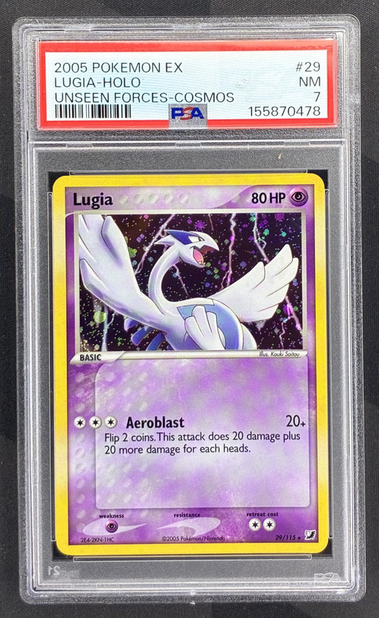2005 Pokémon Lugia 29/115 EX Unseen Forces Cosmos Holo PSA 7 Near Mint graded English trading card.