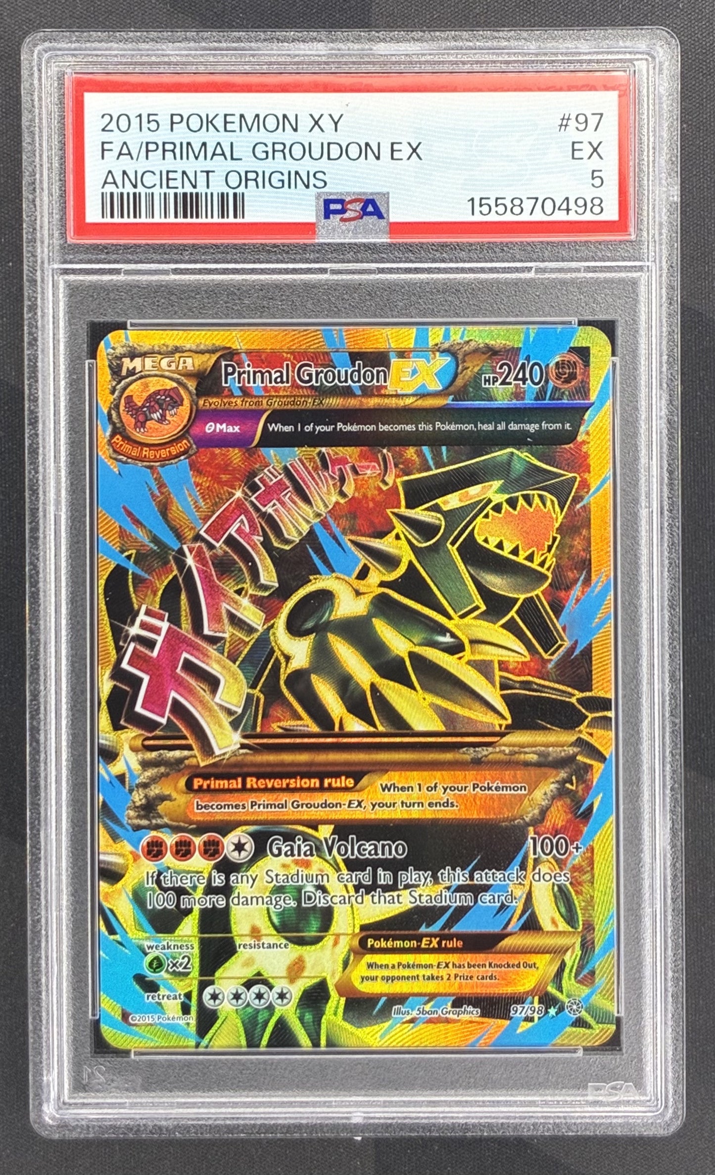 2015 Pokémon Primal Groudon-EX 97/98 Ancient Origins Full Art Holo PSA 5 EX graded English trading card.