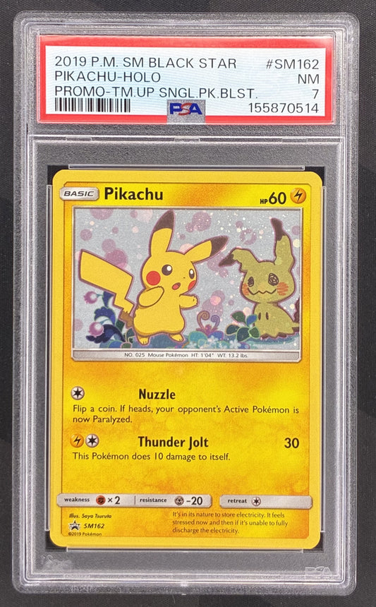 2019 Pokémon Pikachu SM162 Black Star Promo PSA 7 Near Mint graded English trading card.