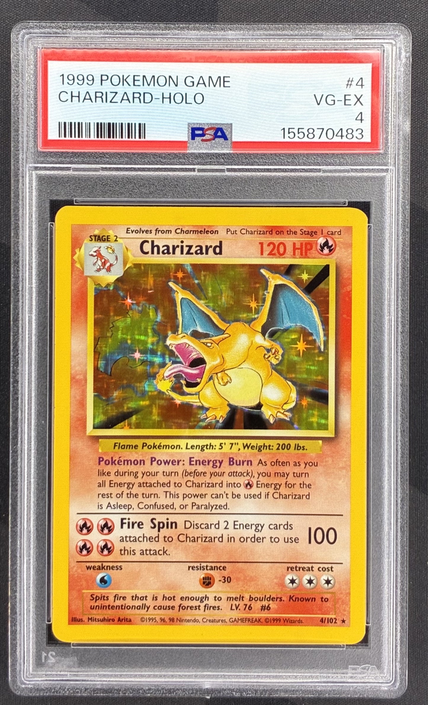 1999 Pokémon Charizard 4/102 Base Set Unlimited Holo Rare PSA 4 VG-EX graded English Wizards of the Coast trading card.