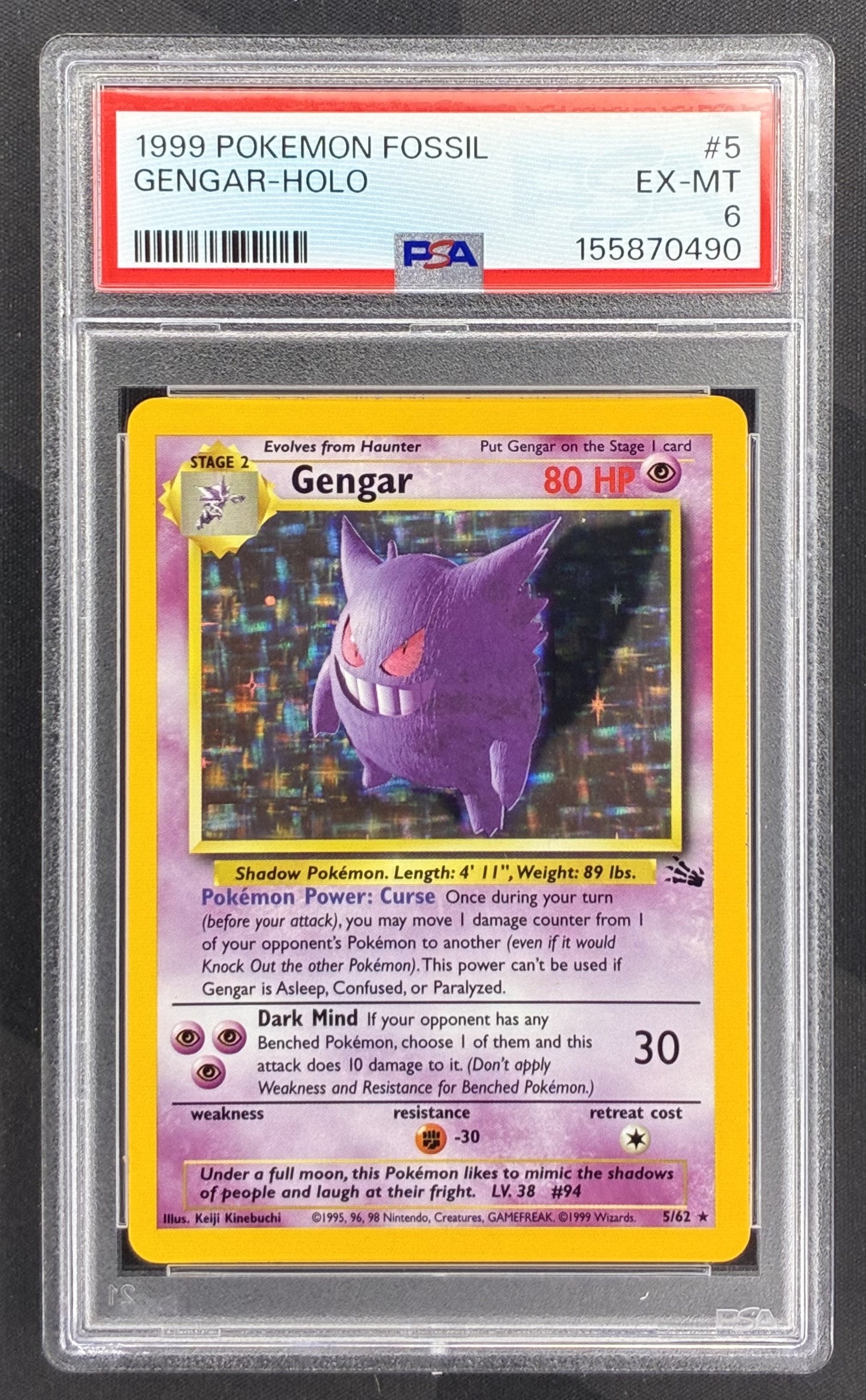 1999 Pokémon Gengar 5/62 Fossil Holo Rare PSA 6 EX-MT graded English Wizards of the Coast trading card.