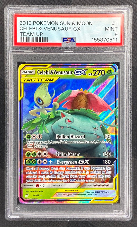 2019 Pokémon Celebi & Venusaur GX 1/181 Team Up PSA 9