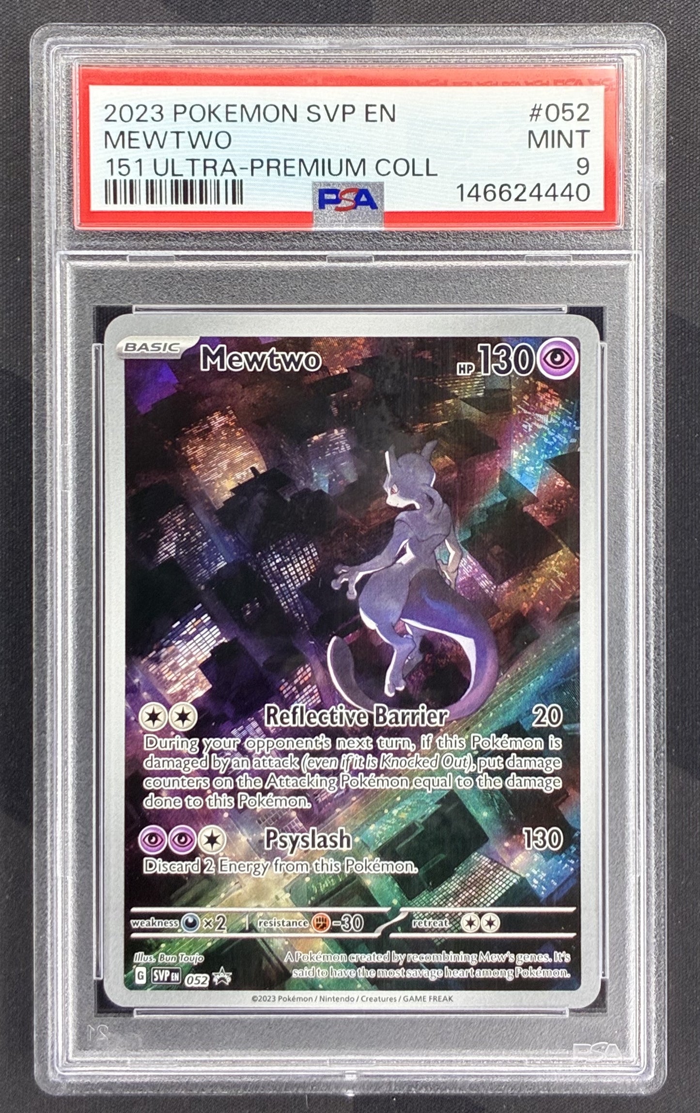 2023 Pokémon Mewtwo SVP052 Scarlet & Violet Black Star Promo Full Art Holo PSA 9 Mint graded English trading card.