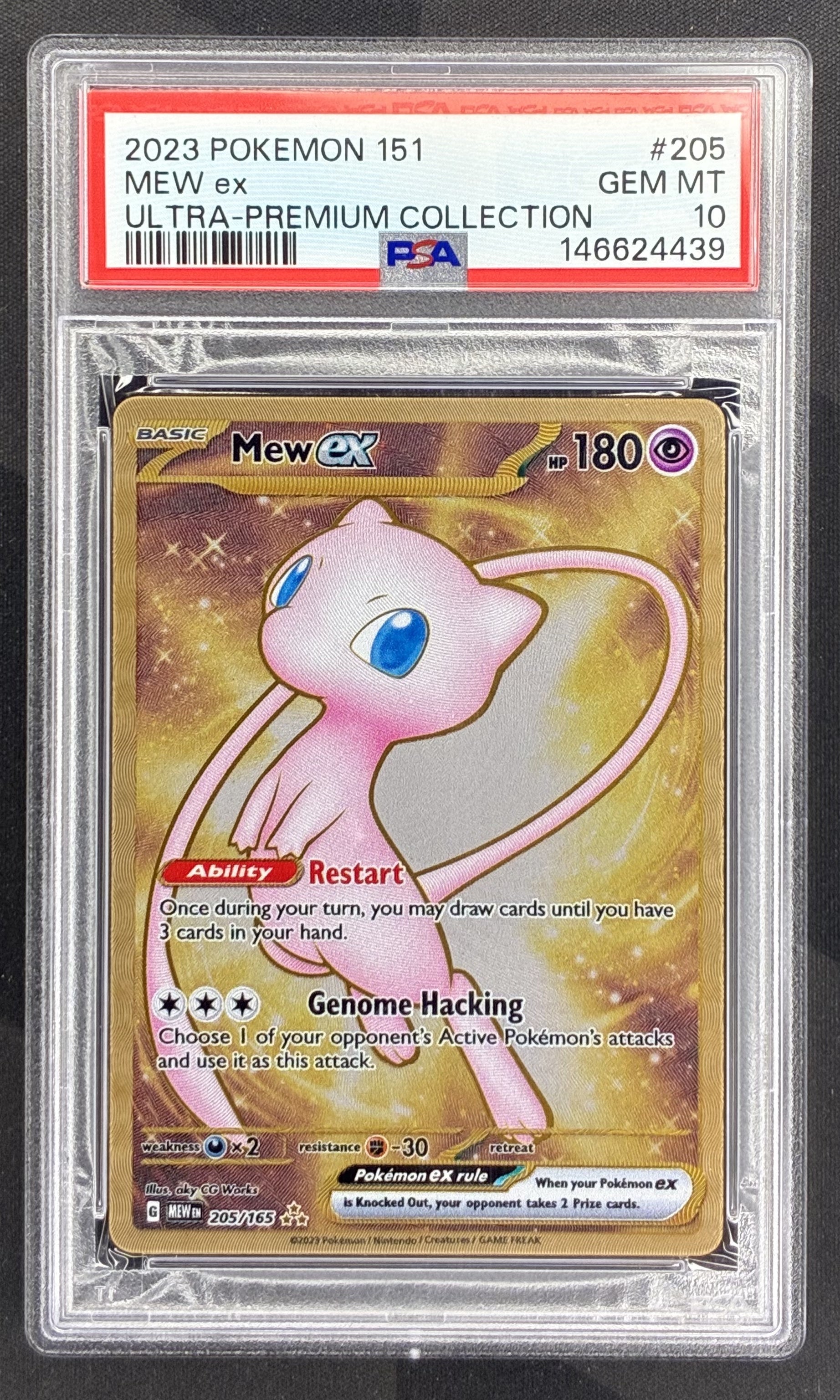 2023 Pokémon Mew ex 205/165 Gold Metal Full Art Pokémon 151 Ultra Premium Collection PSA 10 Gem Mint graded English trading card.