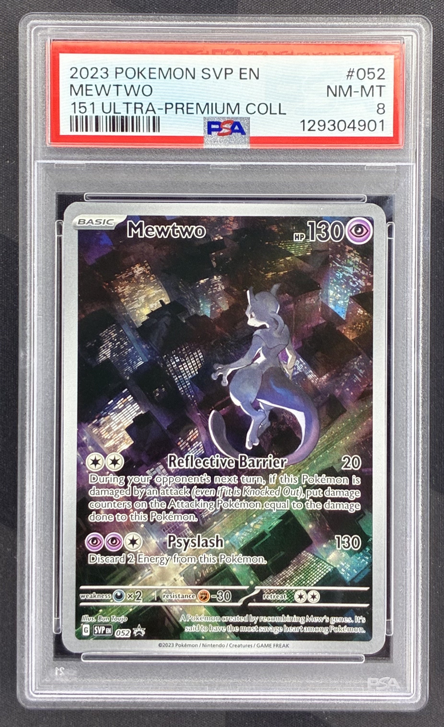 2023 Pokémon Mewtwo SVP052 Scarlet & Violet Black Star Promo Full Art Holo PSA 8 NM-MT graded English trading card.