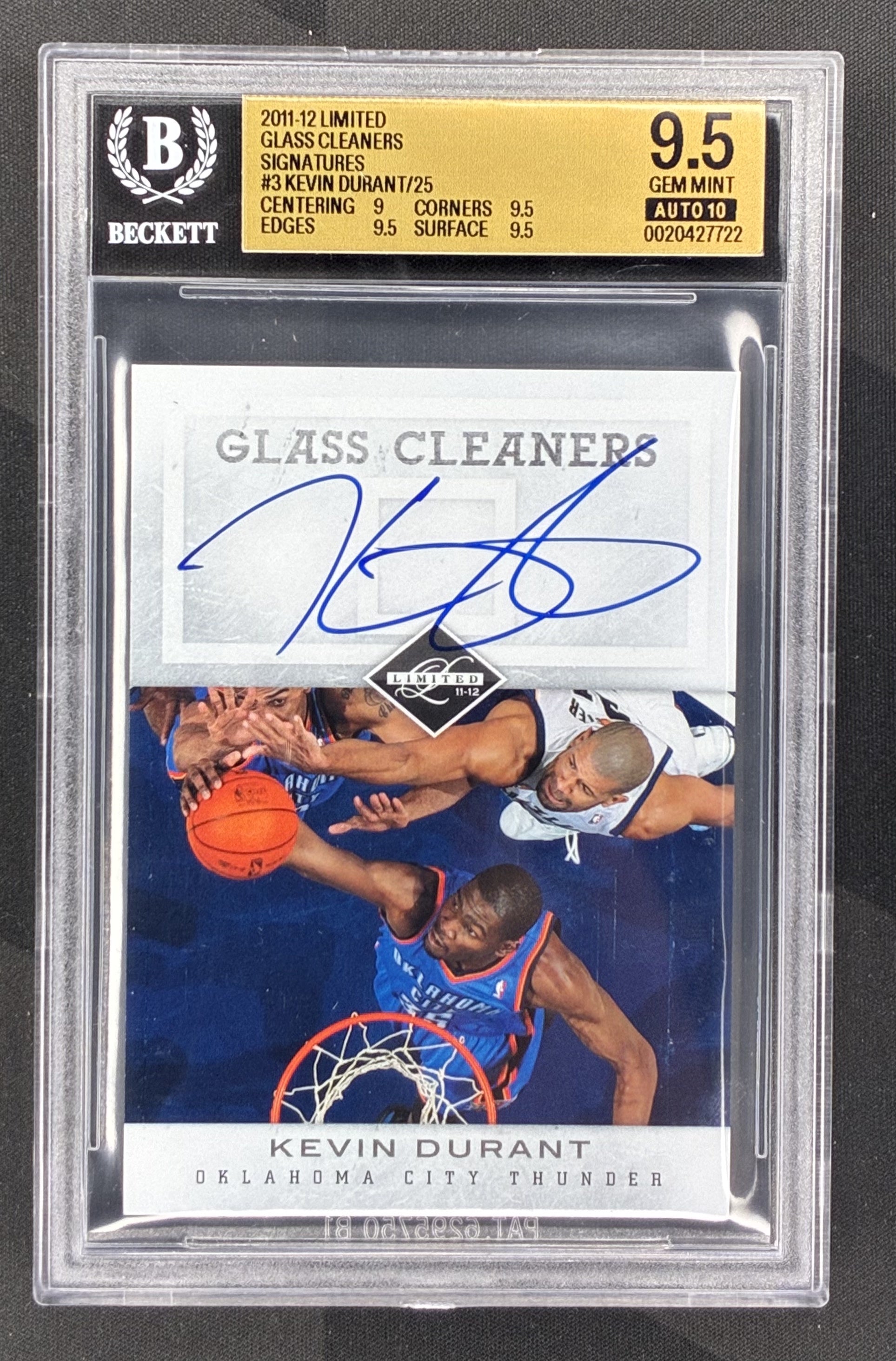2011 Panini Limited Kevin Durant Glass Cleaners Autograph serial numbered to 25 BGS 9.5 Gem Mint graded NBA trading card.