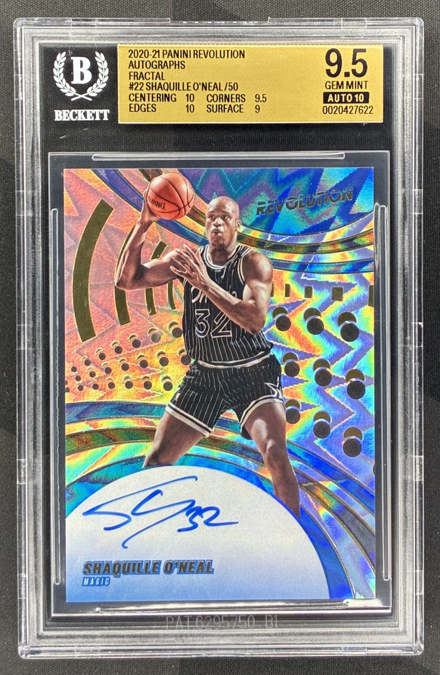 2020 Panini Revolution Shaquille O'Neal Fractal Autograph serial numbered to 50 BGS 9.5 Gem Mint graded NBA trading card.