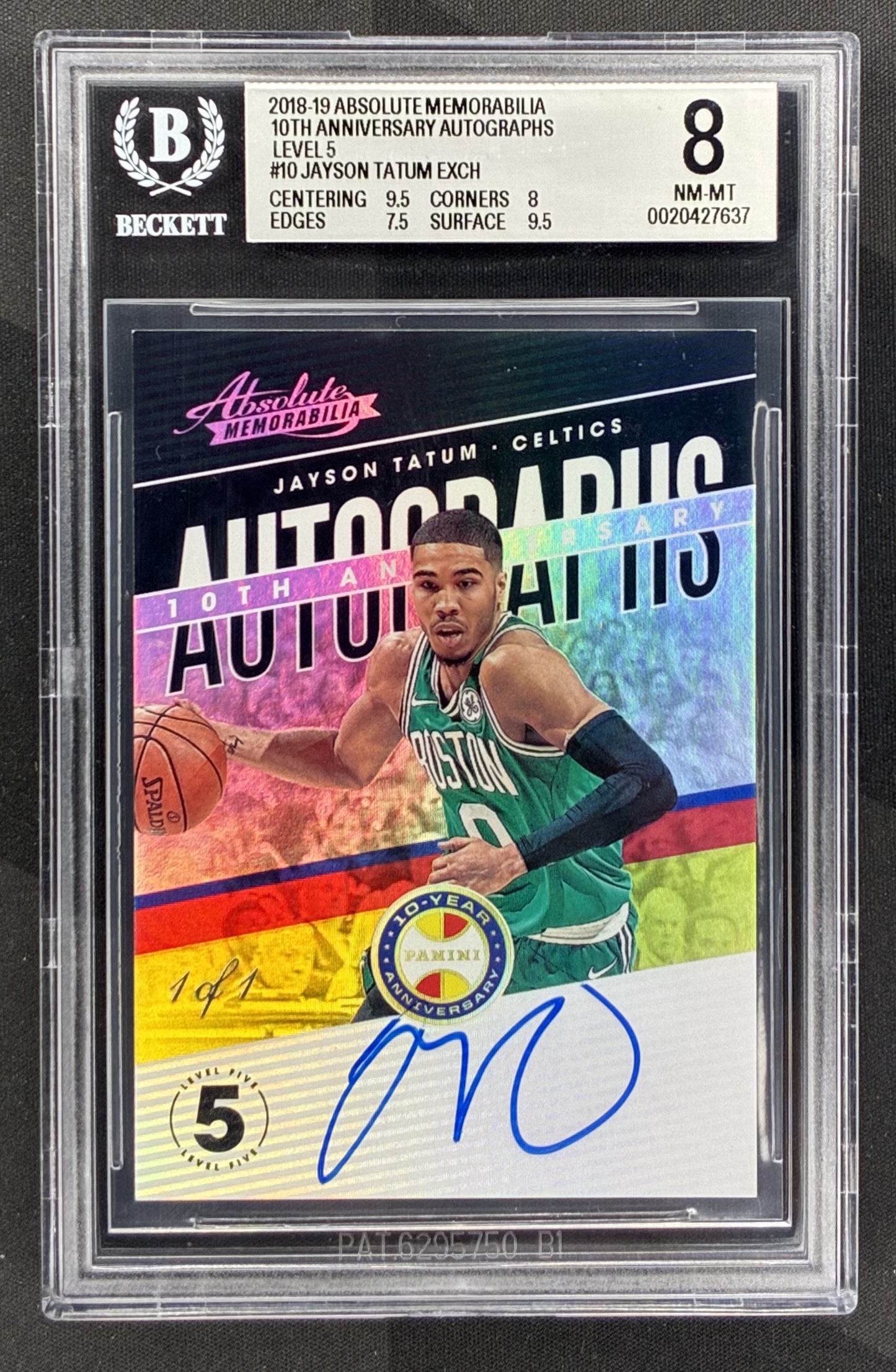 2018-19 Panini Absolute Jayson Tatum Level 5 Autograph one-of-one BGS 8 graded NBA trading card.
