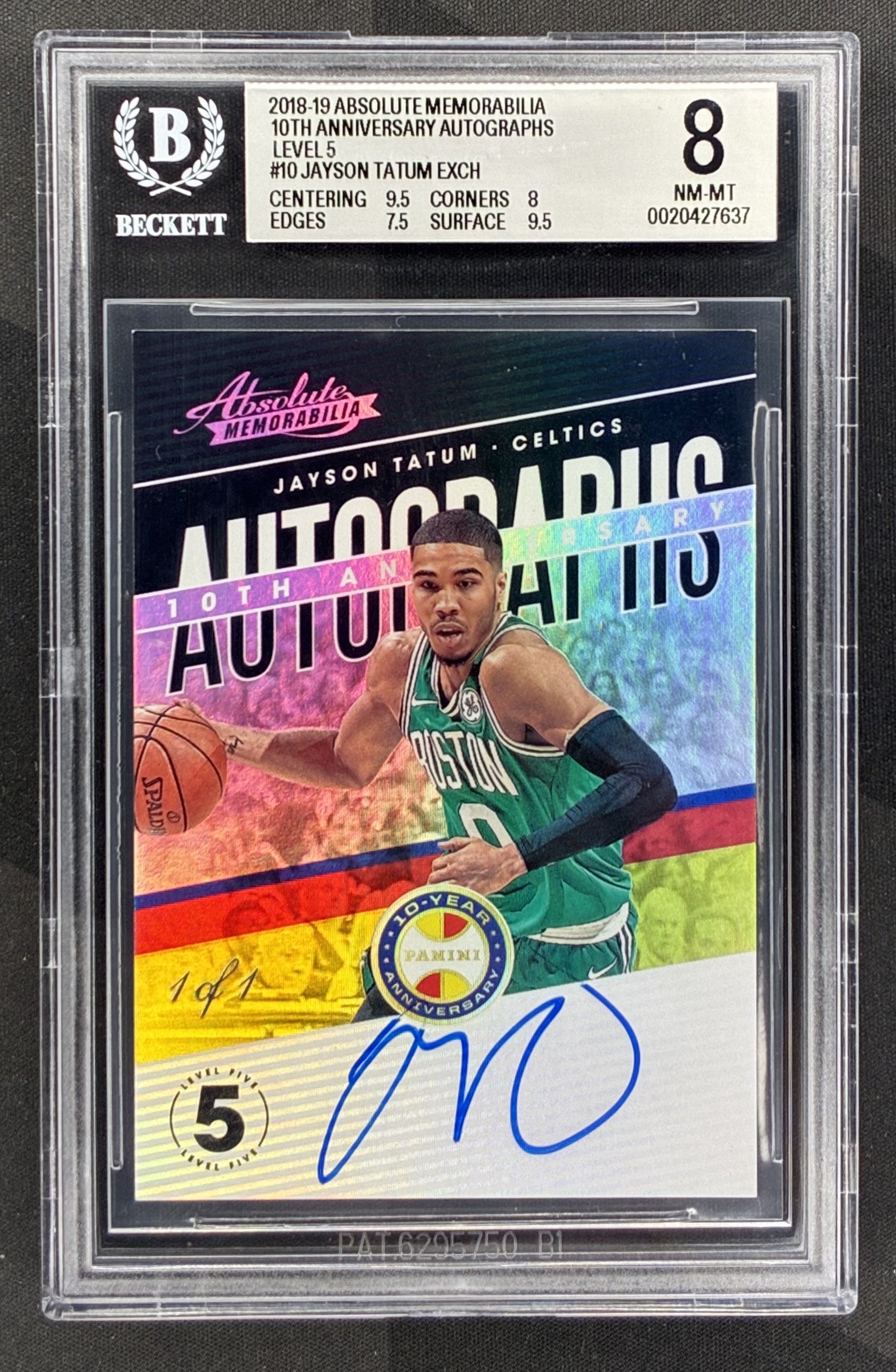2018-19 Panini Absolute Jayson Tatum Level 5 Autograph one-of-one BGS 8 graded NBA trading card.