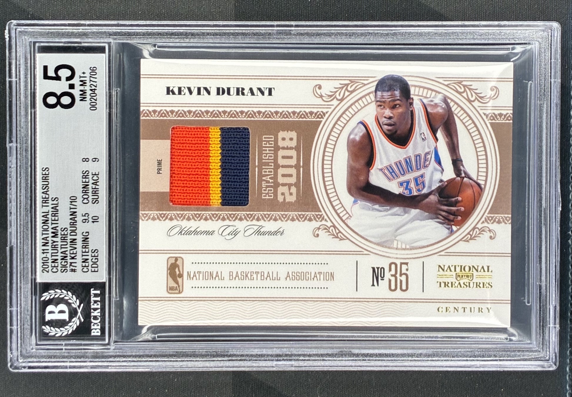 2010-11 Panini National Treasures Kevin Durant Century Materials Patch serial numbered to 10 BGS 8.5 graded NBA trading card.