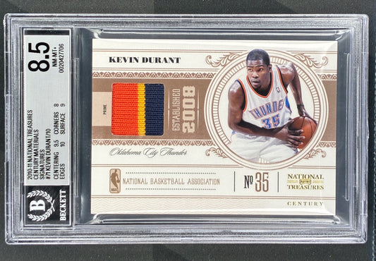 2010-11 Panini National Treasures Kevin Durant Century Materials Patch serial numbered to 10 BGS 8.5 graded NBA trading card.