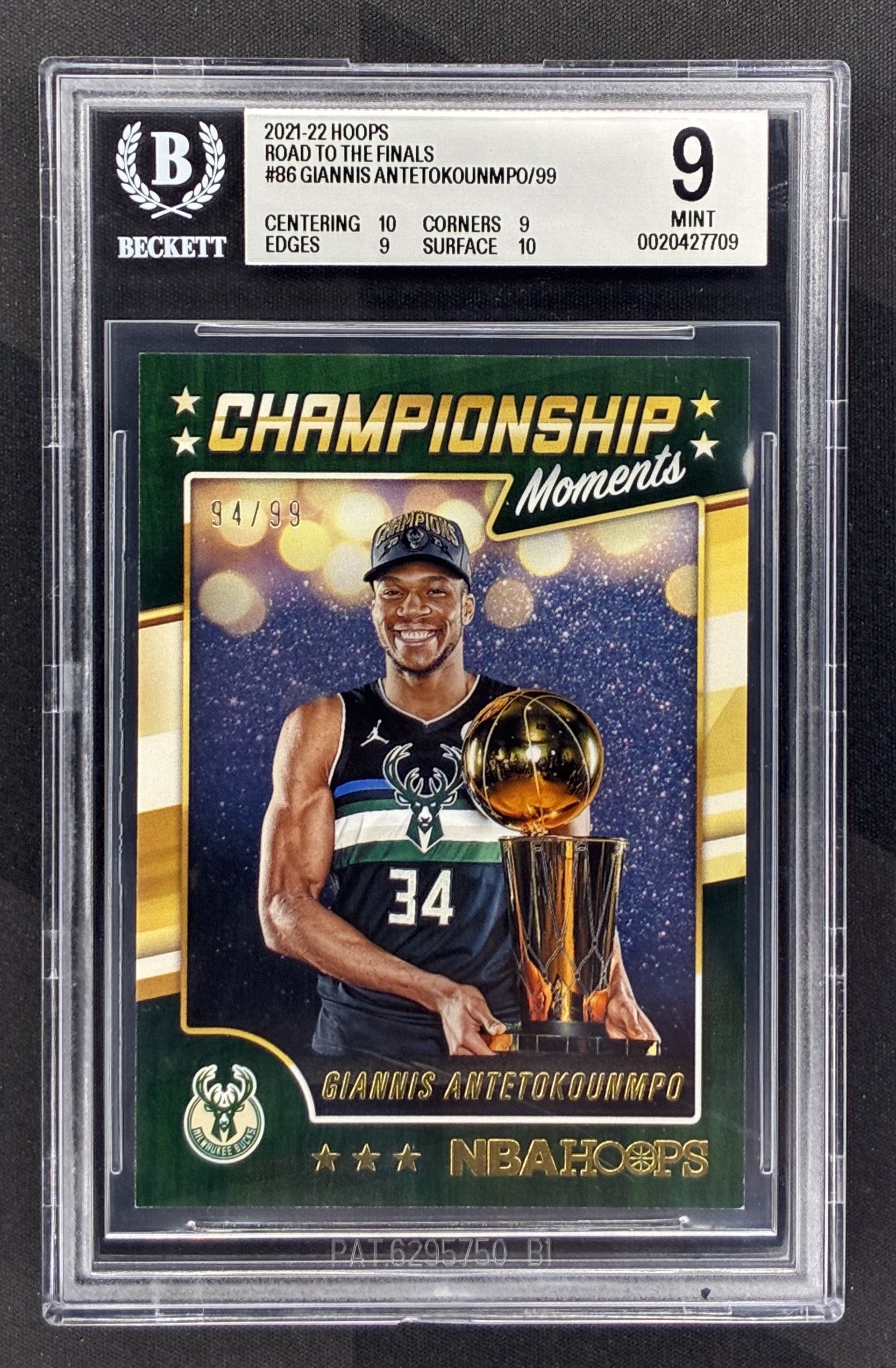 2021-22 Panini NBA Hoops Giannis Antetokounmpo Road To The Finals serial numbered to 99 BGS 9 Mint graded NBA trading card.
