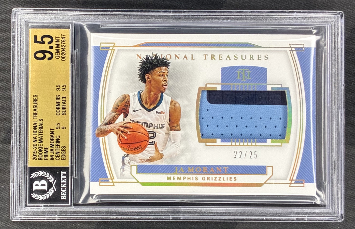 2019-20 Panini National Treasures Ja Morant Rookie Materials Prime memorabilia card serial numbered to 25 BGS 9.5 Gem Mint graded NBA trading card.