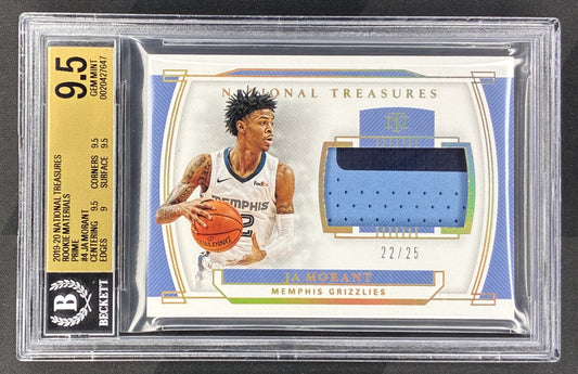 2019-20 Panini National Treasures Ja Morant Rookie Materials Prime memorabilia card serial numbered to 25 BGS 9.5 Gem Mint graded NBA trading card.