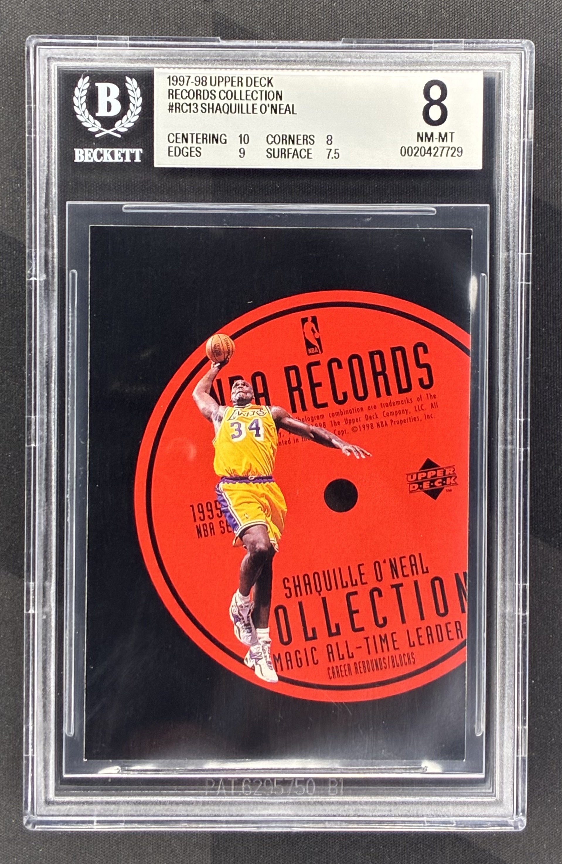 1997 Upper Deck Shaquille O'Neal Records Collection RC13 BGS 8 graded NBA trading card.