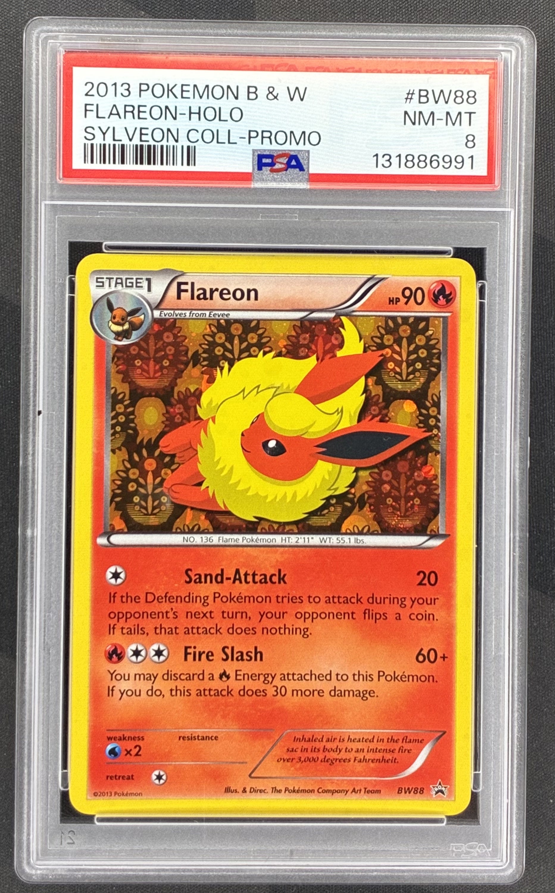 2013 Pokémon Flareon BW88 Black Star Promo Cosmos Holo card from the Sylveon Collection professionally graded PSA 8 NM-MT.