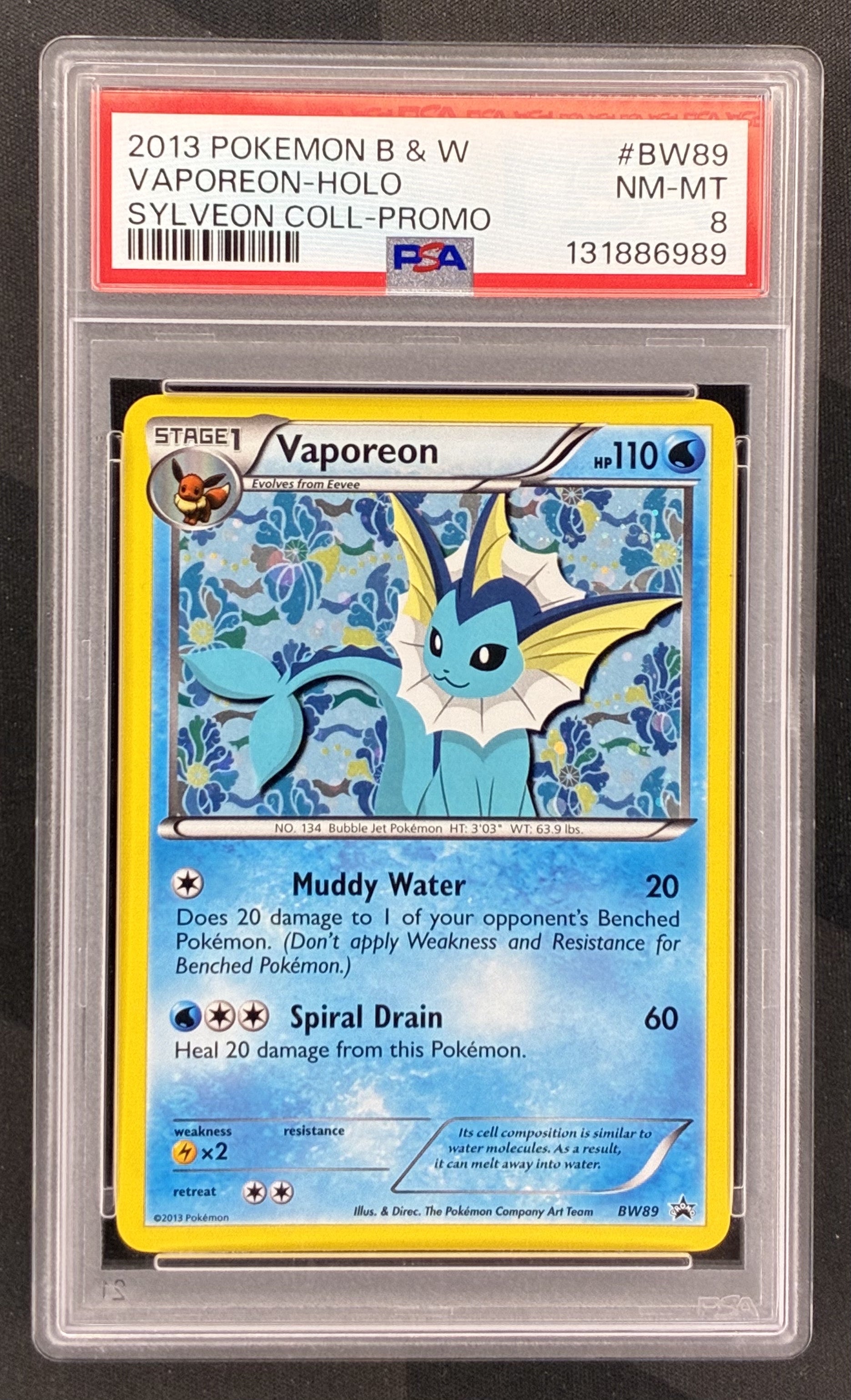 2013 Pokémon Vaporeon BW89 Black Star Promo Cosmos Holo card from the Sylveon Collection professionally graded PSA 8 NM-MT.