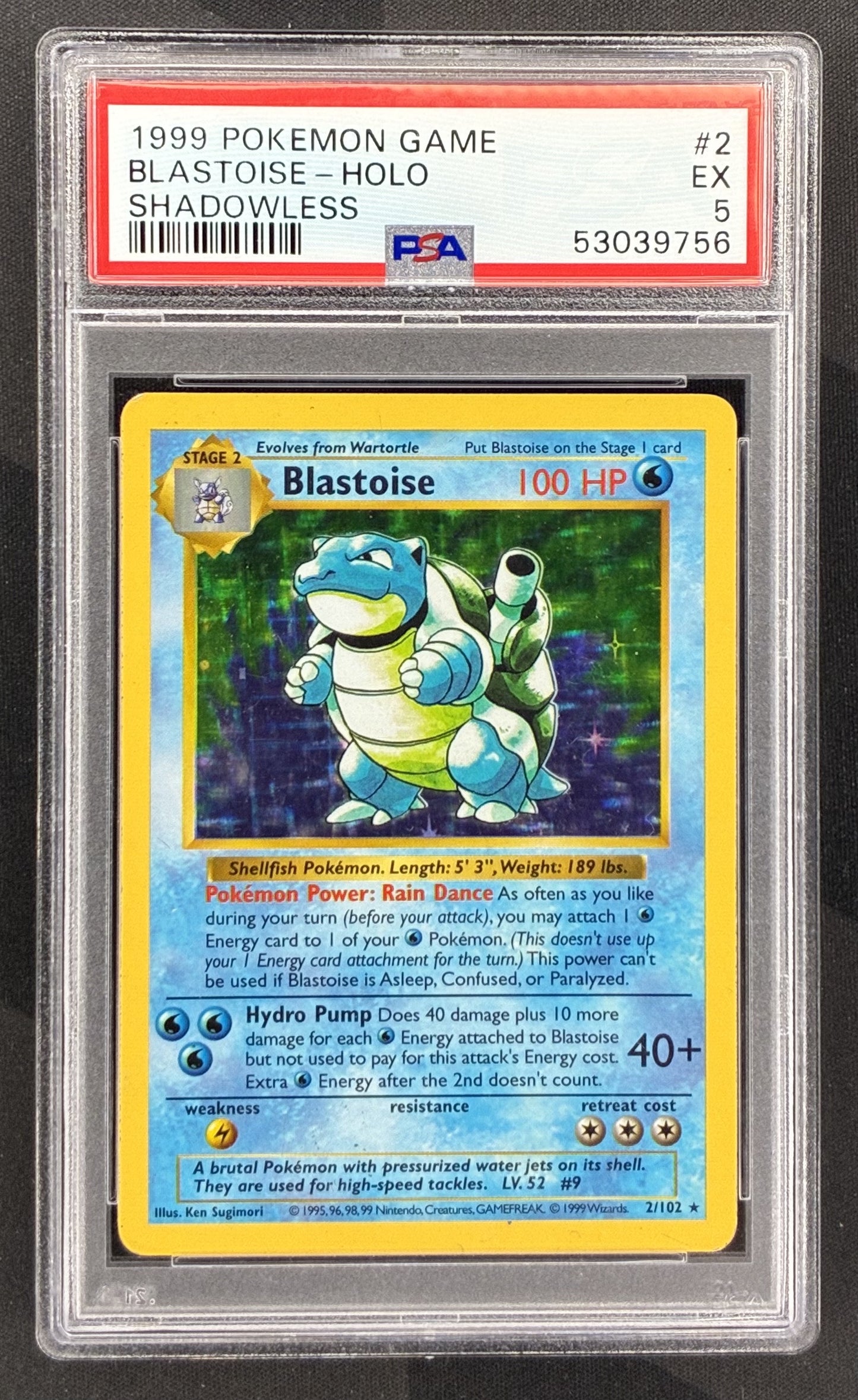 1999 Pokémon Blastoise 2/102 Shadowless Base Set Holo card professionally graded PSA 5 EX.