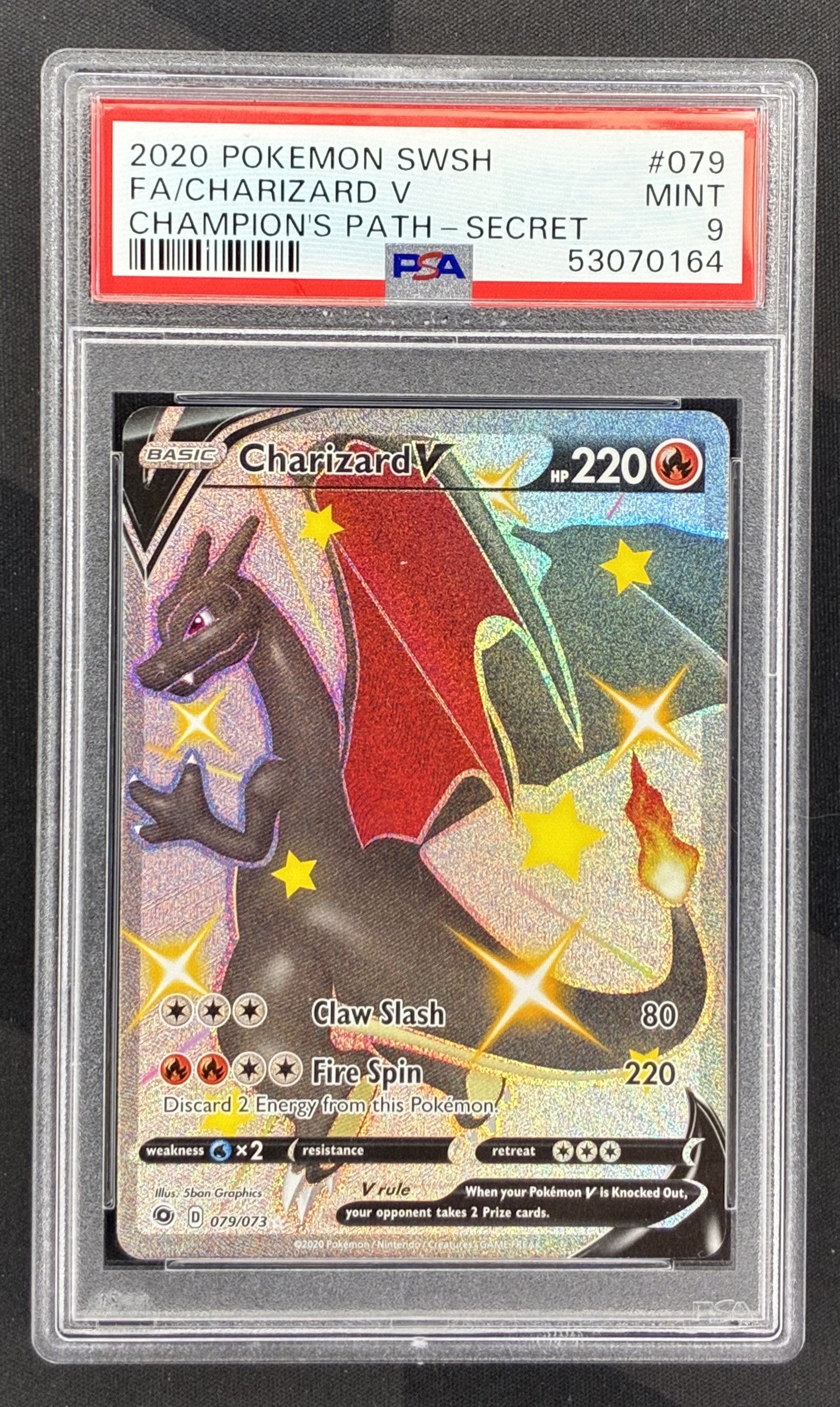 2020 Pokémon Charizard V 079/073 Champion’s Path Secret Rare holo card professionally graded PSA 9 Mint.