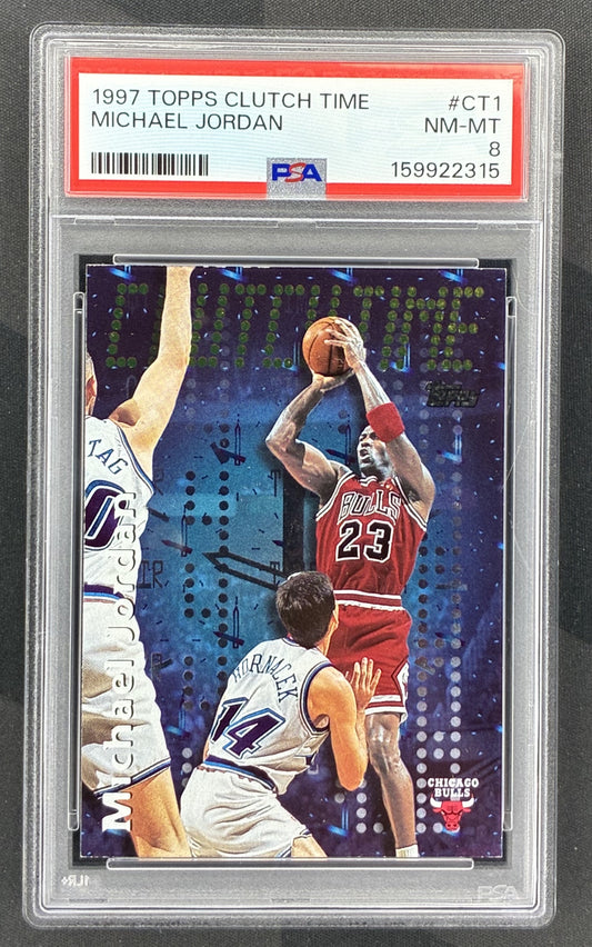 1997 Topps Clutch Time CT1 Michael Jordan basketball card professionally graded PSA 8 NM-MT.