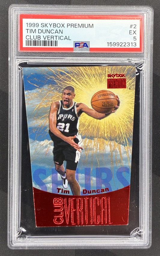 1999-00 SkyBox Premium Club Vertical Tim Duncan serial numbered to 100 basketball card professionally graded PSA 5 EX.