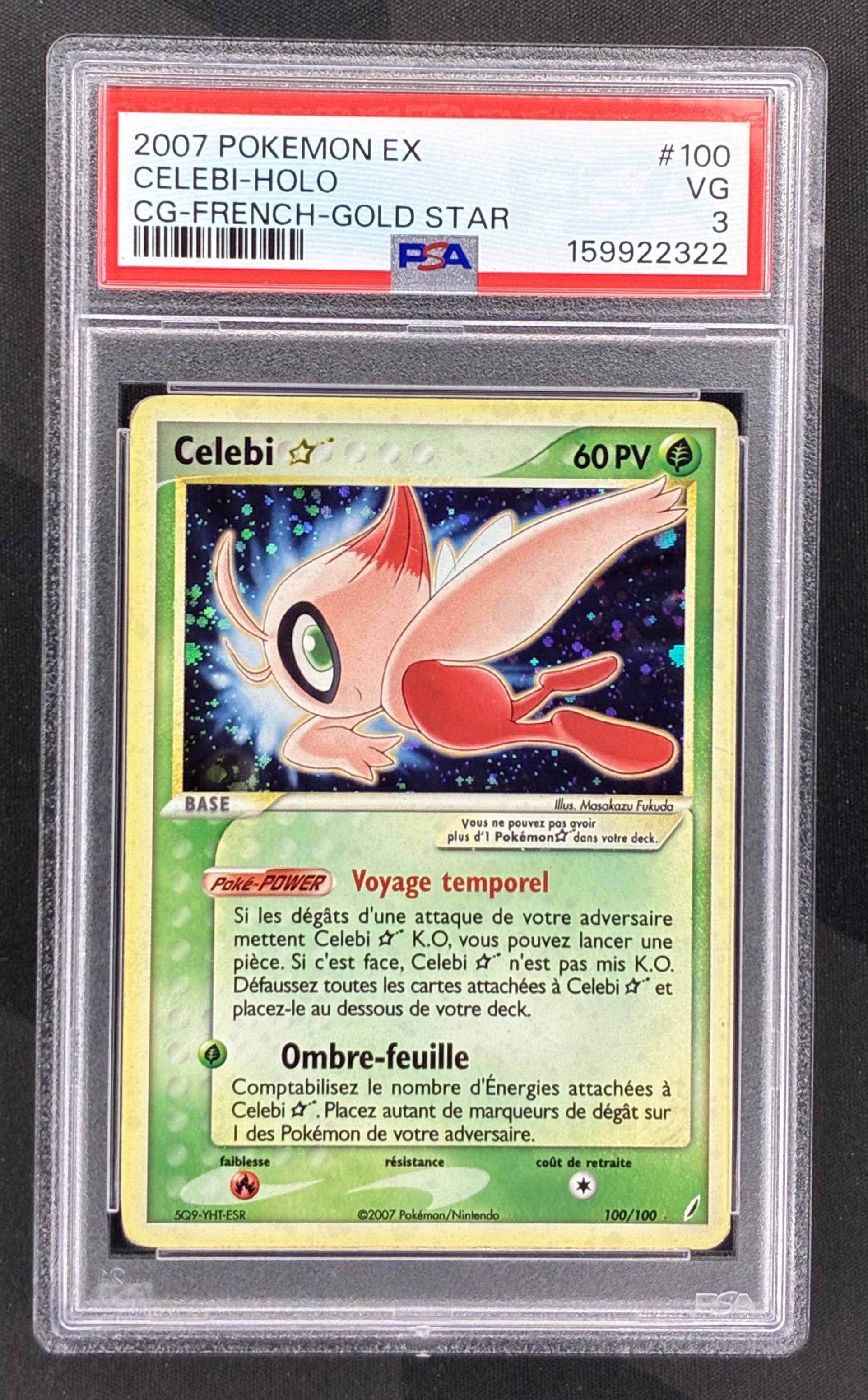 2006 French Pokémon Celebi Gold Star 100/100 EX Crystal Guardians holo card professionally graded PSA 3 VG.