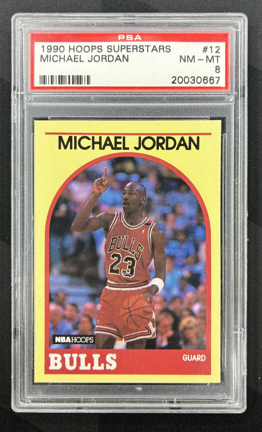 1990 Hoops Superstars Michael Jordan #12 Yellow Chicago Bulls basketball card professionally graded PSA 8 NM-MT.