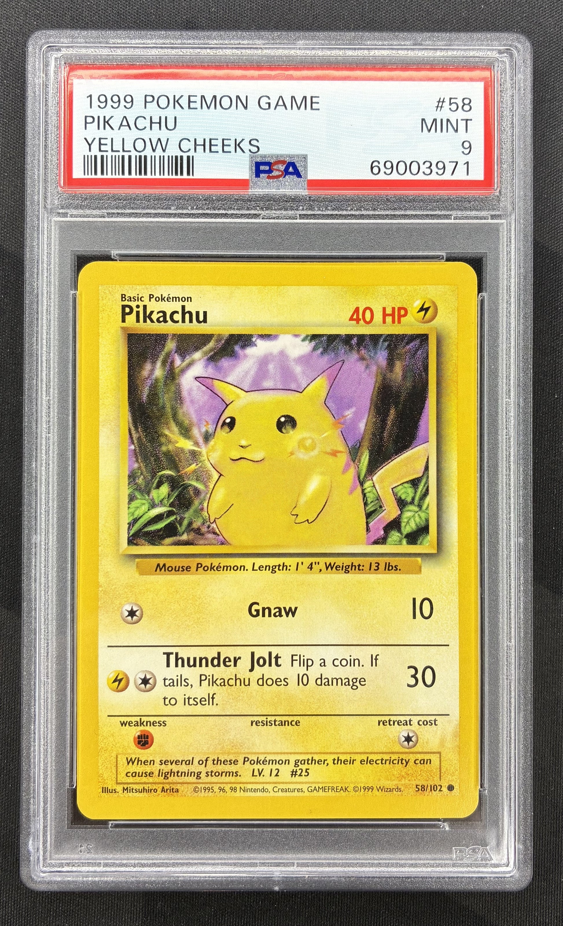 1999 Pokémon Pikachu 58/102 Base Set Unlimited Yellow Cheeks English card professionally graded PSA 9 Mint.