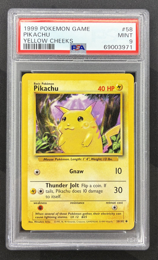 1999 Pokémon Pikachu 58/102 Base Set Unlimited Yellow Cheeks English card professionally graded PSA 9 Mint.