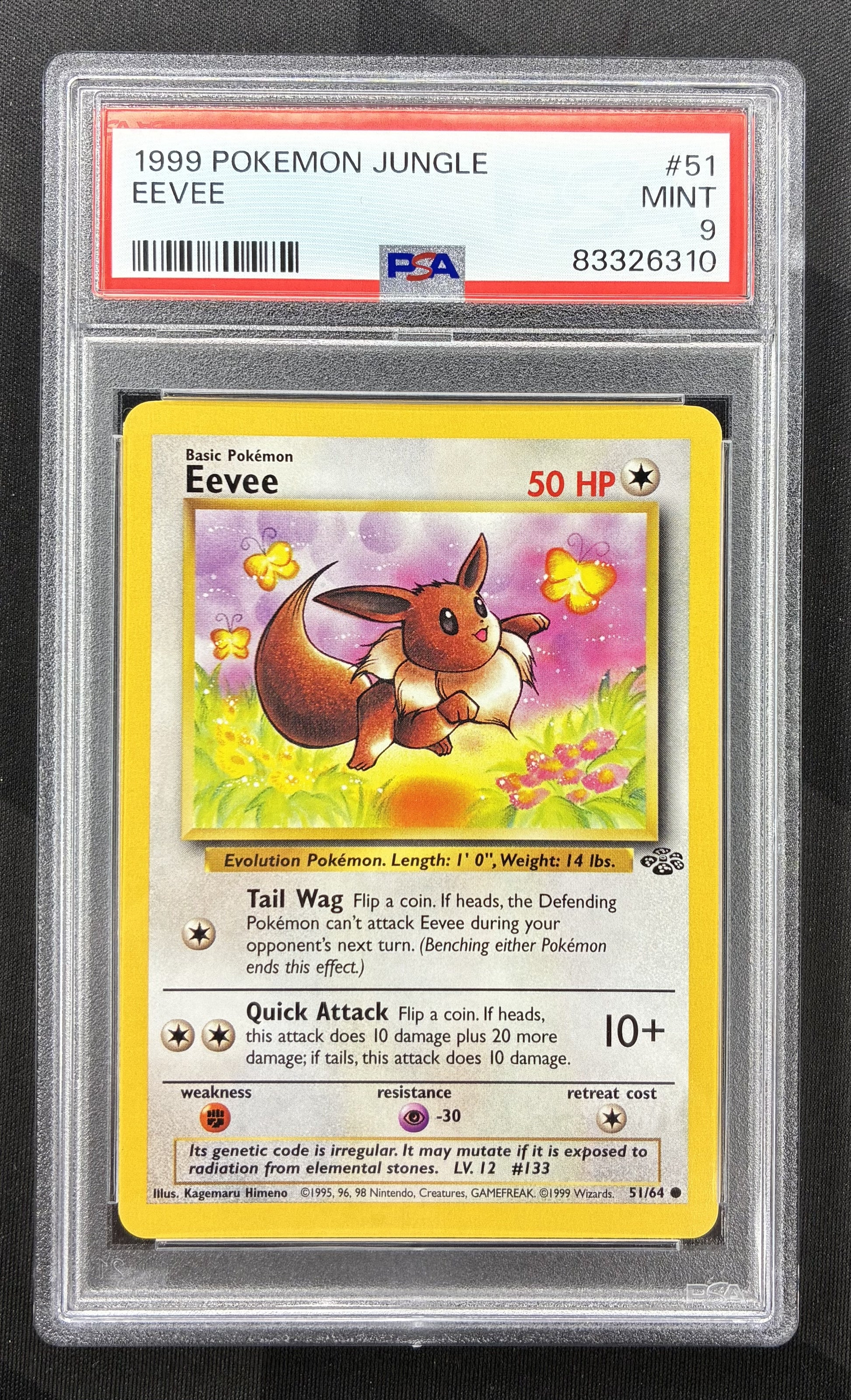 1999 Pokémon Eevee 51/64 Jungle Unlimited non holo English card professionally graded PSA 9 Mint.