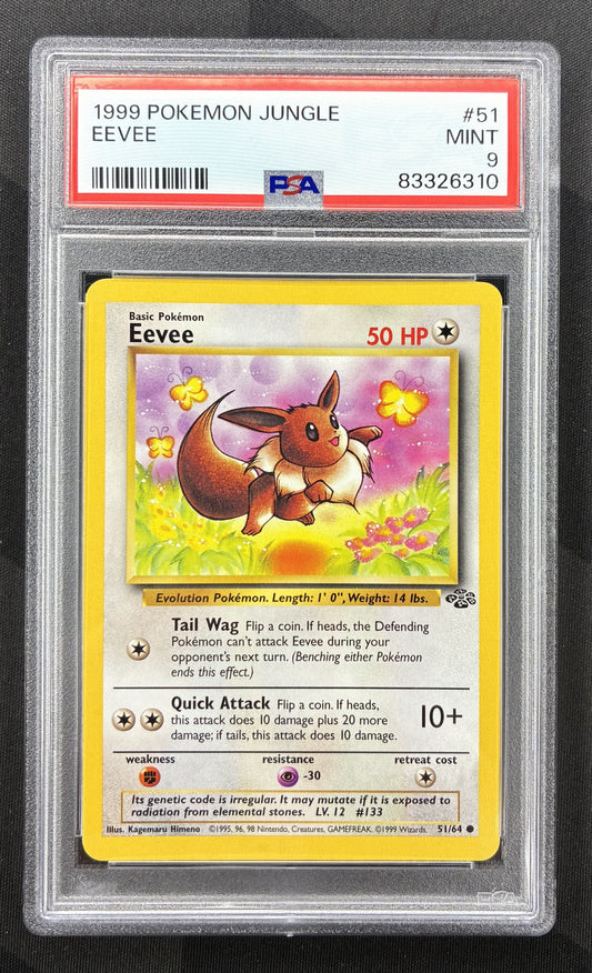 1999 Pokémon Eevee 51/64 Jungle Unlimited non holo English card professionally graded PSA 9 Mint.