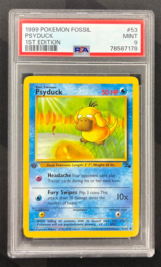 1999 Pokémon Psyduck 53/62 Fossil 1st Edition PSA 9