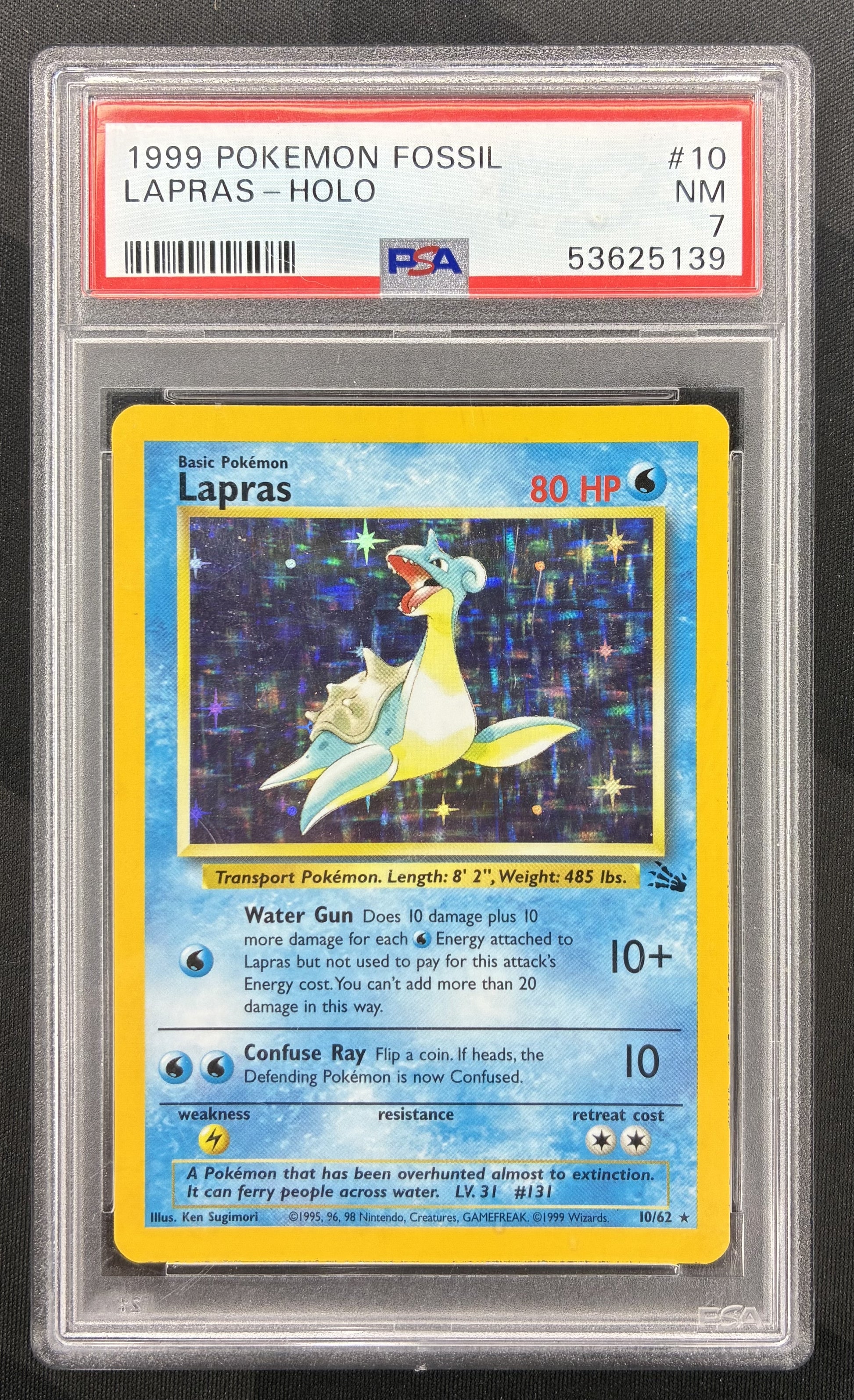 1999 Pokémon Lapras 10/62 Fossil Unlimited Holo Rare English card professionally graded PSA 7 Near Mint.