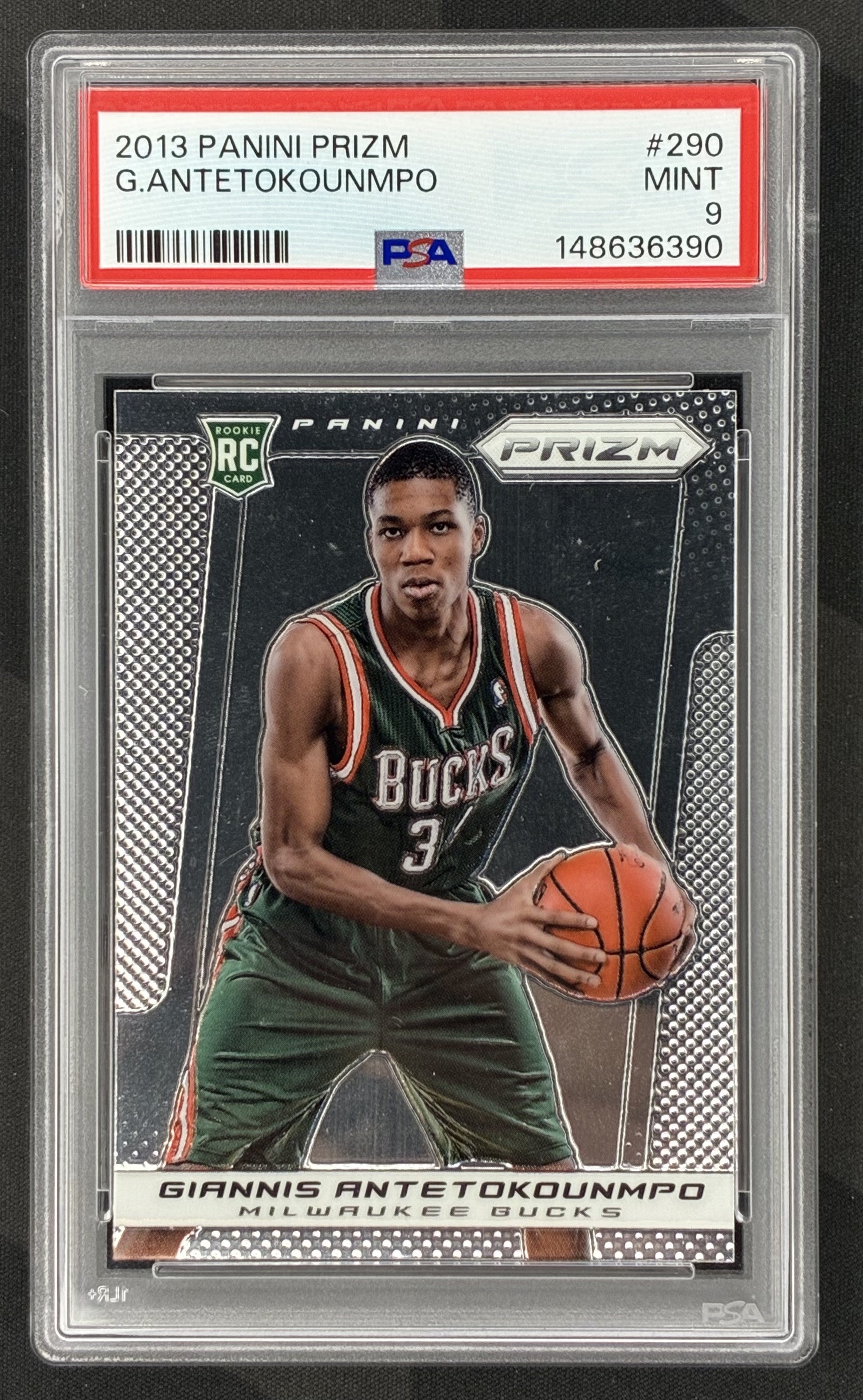 2013-14 Panini Prizm Giannis Antetokounmpo rookie card #290 for the Milwaukee Bucks professionally graded PSA 9 Mint.