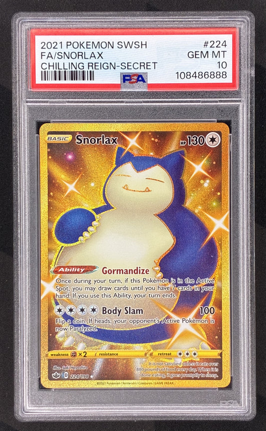 2021 Pokémon Snorlax 224/198 Gold Secret Rare holo card from Sword & Shield Chilling Reign professionally graded PSA 10 Gem Mint.