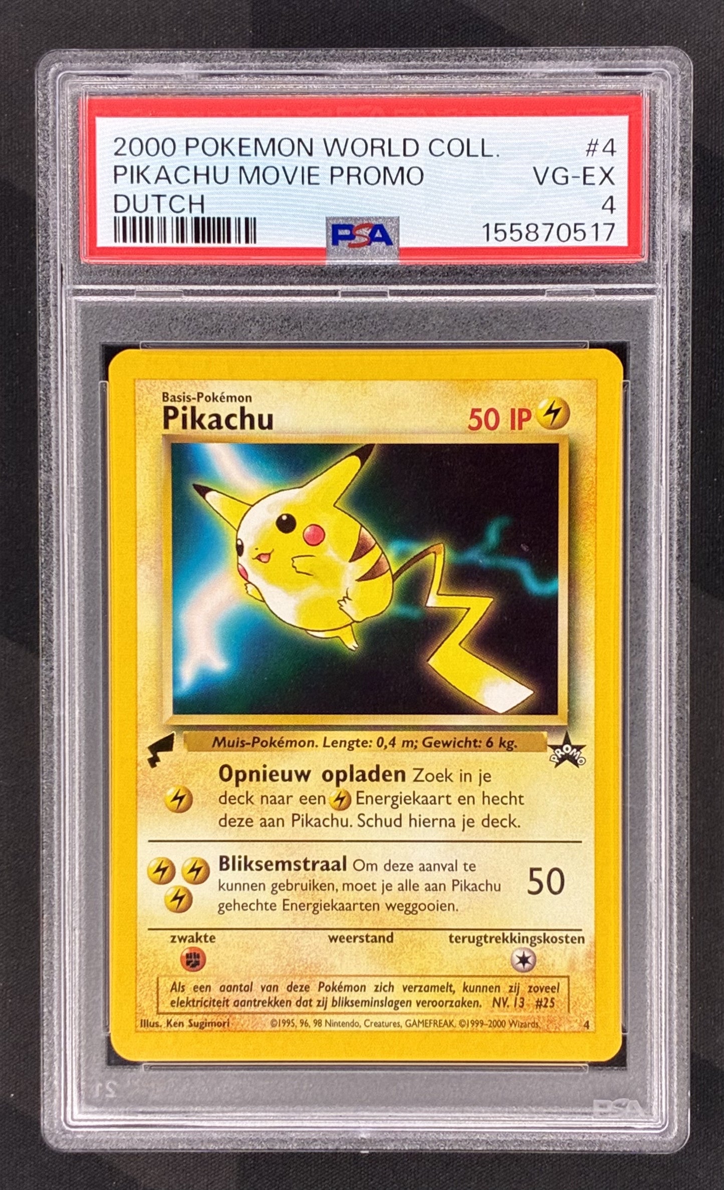2000 Pokémon Pikachu Movie Promo #4 Dutch World Collection card with gold Pikachu tail stamp professionally graded PSA 4 VG-EX.