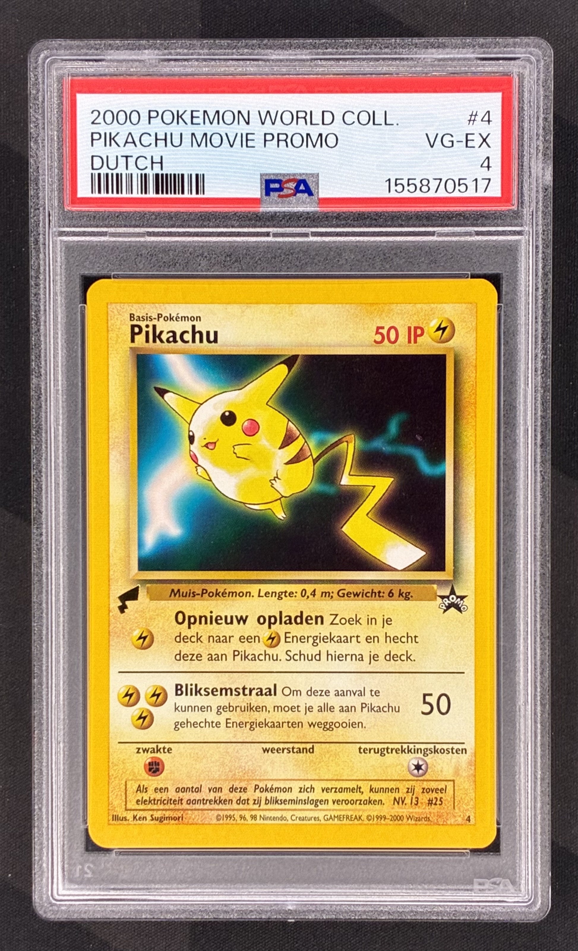 2000 Pokémon Pikachu Movie Promo #4 Dutch World Collection card with gold Pikachu tail stamp professionally graded PSA 4 VG-EX.
