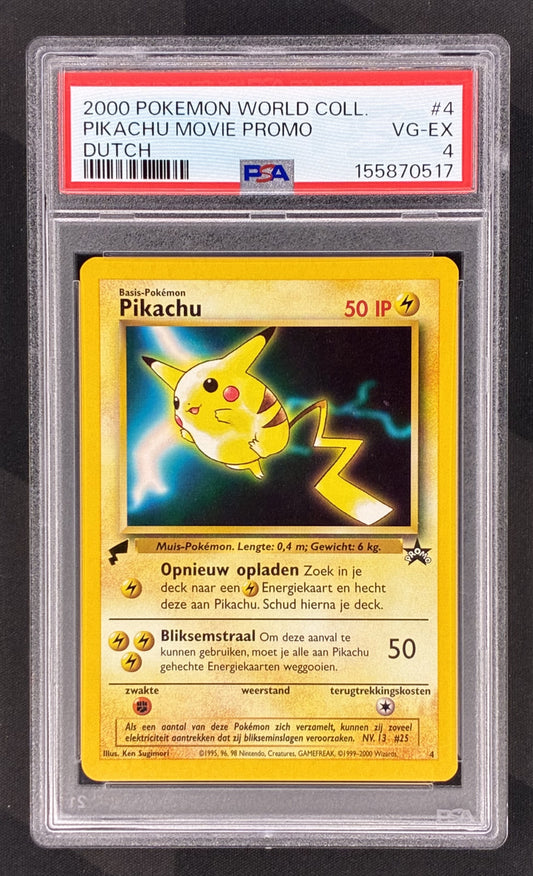 2000 Pokémon Pikachu Movie Promo #4 Dutch World Collection card with gold Pikachu tail stamp professionally graded PSA 4 VG-EX.