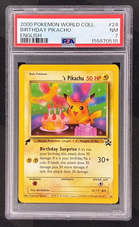 2000 Pokémon Birthday Pikachu #24 English Pikachu World Collection promotional card with gold tail stamp professionally graded PSA 7 Near Mint.