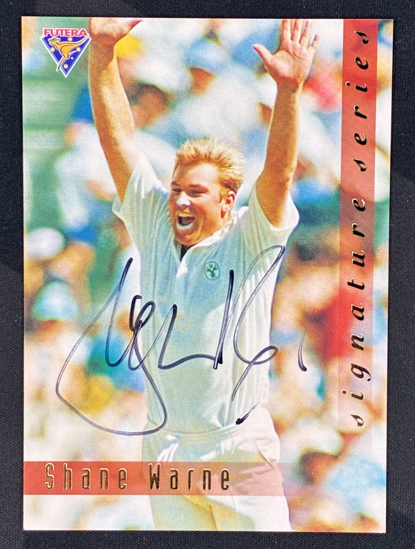 1994-95 Futera Cricket Shane Warne Signature Series Exchange SIG2 certified autograph card numbered to 1000.
