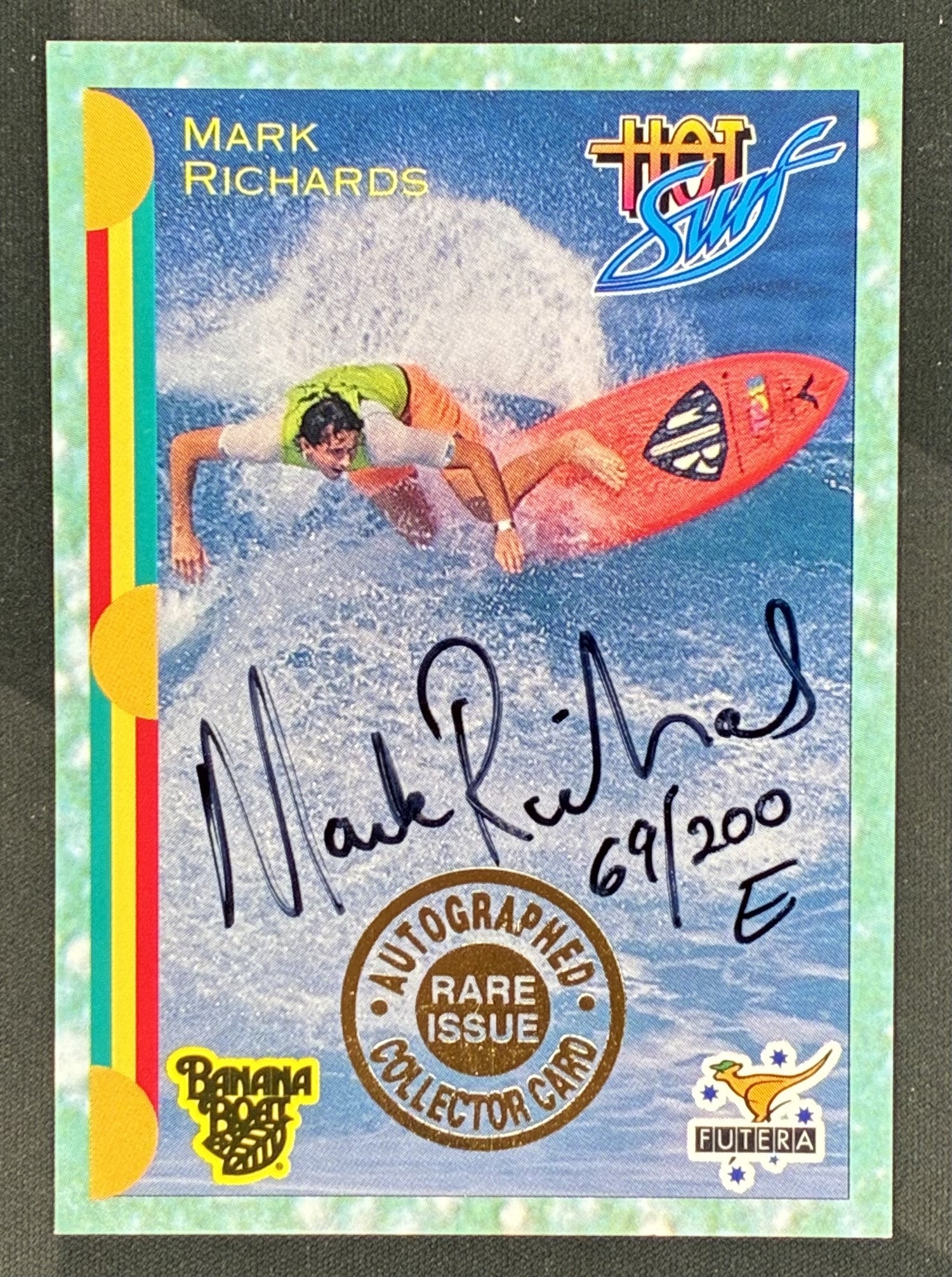 1993 Futera Hot Surf Mark Richards certified autograph card serial numbered to 200 featuring the four-time World Surfing Champion.