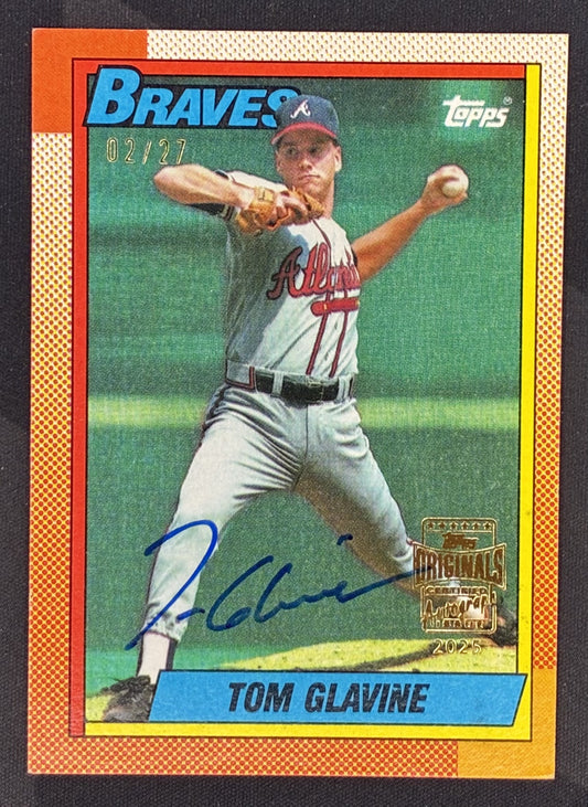 2025 Topps Archives Tom Glavine Topps Originals Autograph featuring an authentic 1990 Topps card with a certified on-card autograph numbered to 27.