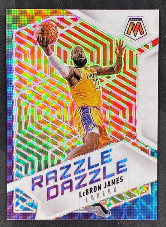 2024-25 Panini Mosaic Basketball LeBron James Razzle Dazzle #10 case-hit insert card featuring the Los Angeles Lakers superstar.