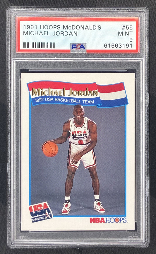1991 Hoops McDonald’s Michael Jordan Team USA basketball card graded PSA 9 Mint.