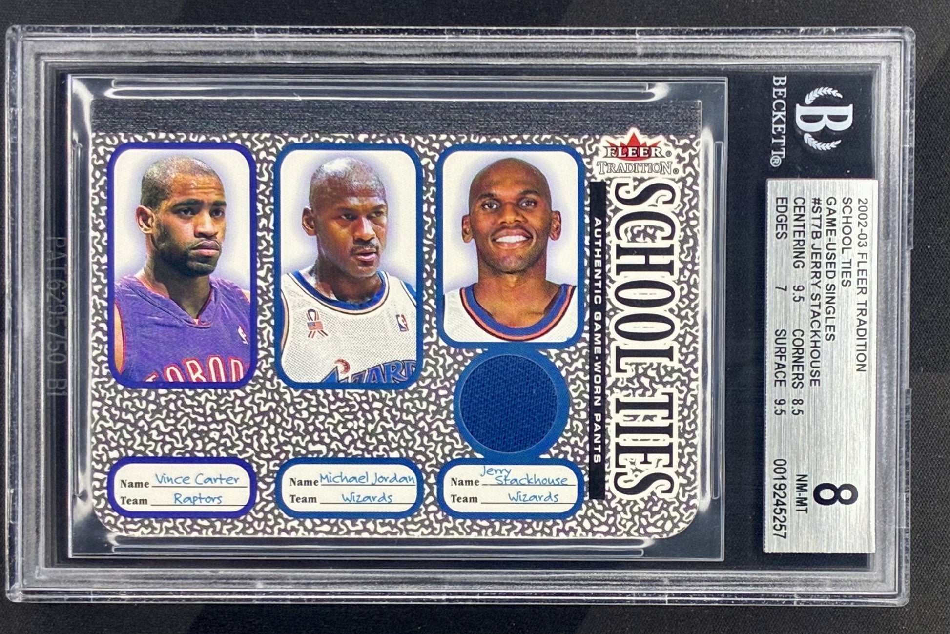 2002 Fleer Tradition School Ties #7 Michael Jordan Vince Carter Jerry Stackhouse basketball card graded BGS 8.