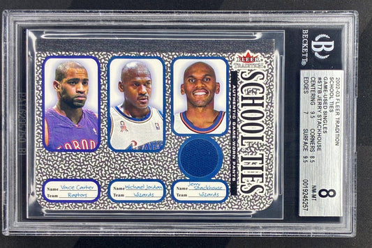 2002 Fleer Tradition School Ties #7 Michael Jordan Vince Carter Jerry Stackhouse basketball card graded BGS 8.