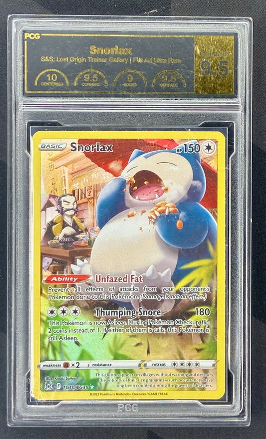 2022 Pokémon Lost Origin Snorlax TG10/TG30 Trainer Gallery Full Art card graded PCG 9.5 in official slab.